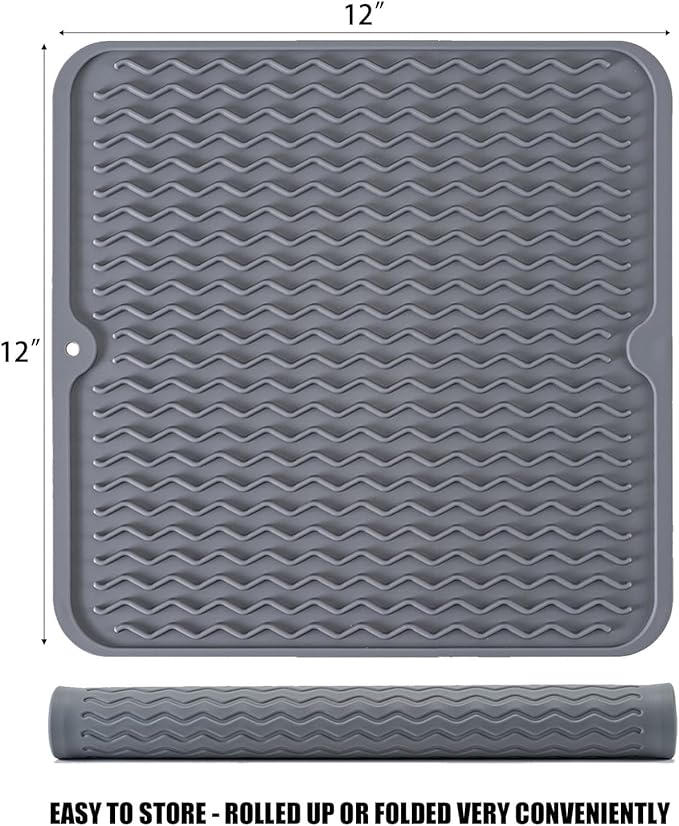 Silicone Dish Drying Mat, Non-Slip Easy Clean Sink Mat Large Heat-resistant Dish Drainer Mat for Kitchen Counter, Sink, Refrigerator or Drawer liner (12" x 12", GREY) - Image 2