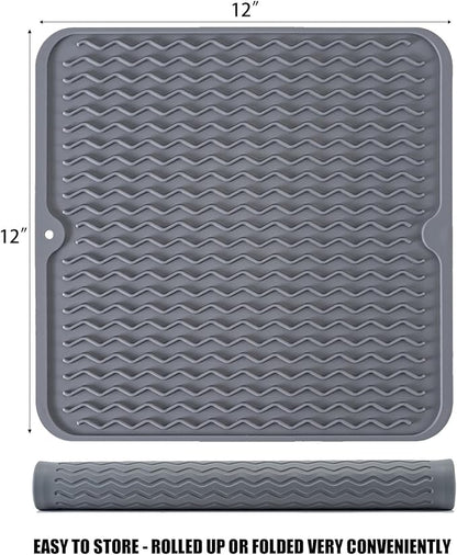 Silicone Dish Drying Mat, Non-Slip Easy Clean Sink Mat Large Heat-resistant Dish Drainer Mat for Kitchen Counter, Sink, Refrigerator or Drawer liner (12" x 12", GREY) - Image 2