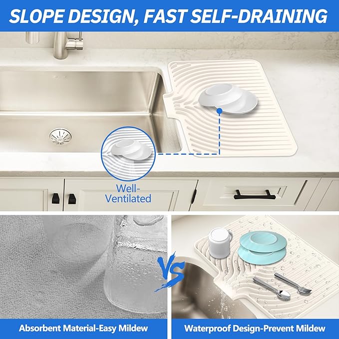 Dish Drying Mat for Kitchen Counter, with Built-in Drain Lip, Food-Grade Silicone, Easy Clean Pad for Countertop Protection, Multi-Functional Use (18x11.8, Cassava White) - Image 5