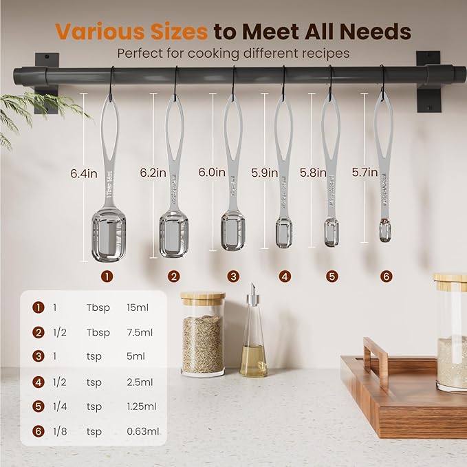 6PCS Narrow Measuring Spoons Set, Stainless Steel Measuring Spoon Fits in Spice Jars, Metal Teaspoon Measuring Spoons, Rectangular Tablespoon, Long Measuring Spoons for Dry & Liquid Ingredients - Image 4