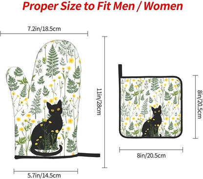 Black Cat Wildflower Hot Pads and Oven Mitts Set of 3, Spring Summer Plants Kitchen Decor Potholders and Oven Mitts, Baking and Cooking Gifts for Chef Baker, Black Cat Gifts for Women & Kitchen Decor