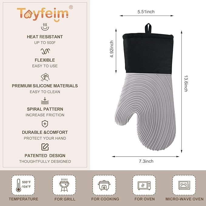 Silicone Oven Mitts-13.6 in Extended Oven Mitts Heat Resistant 500F, Oven Gloves with Soft Liner Good Grippy BPA-Free Easy to Clean Flexible-Oven Mits Set for Cooking Baking Grilling BBQ - Image 6