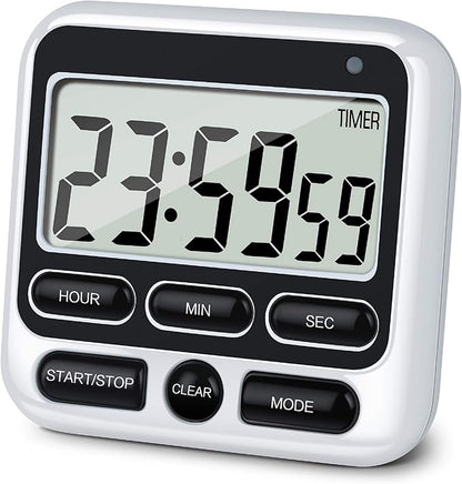 KTKUDY Digital Kitchen Timer with Mute/Loud Alarm Switch ON/Off Switch, 12-Hour Clock & Alarm, Memory Function Count Up & Count Down for Kids Teachers Cooking, Large LCD Display, Strong Magnet (Black) by KTKUDY