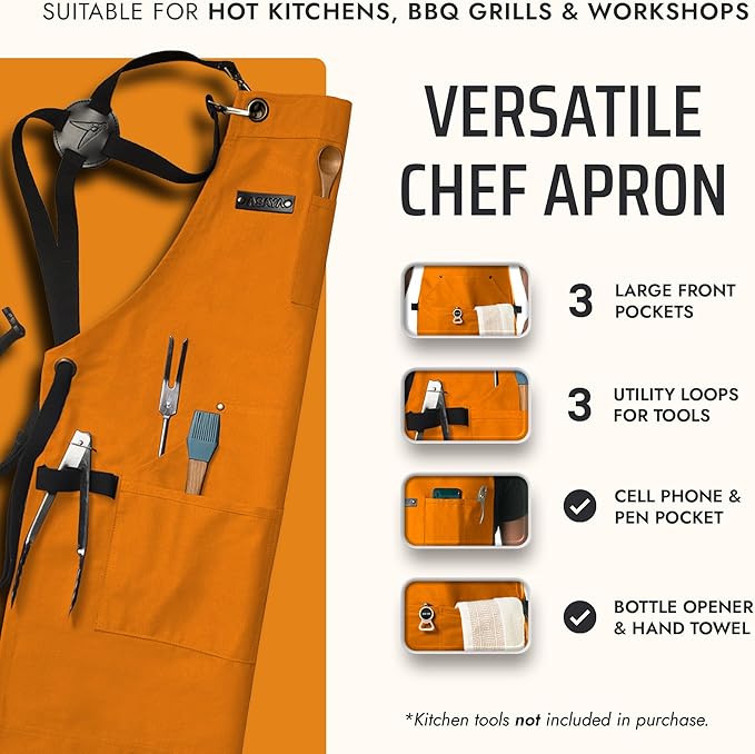 Asaya Chef and BBQ Apron with Bottle Opener and Hand Towel - 10oz Cotton Canvas, Stainless Steel Hardware - Cross Back Straps - Image 2