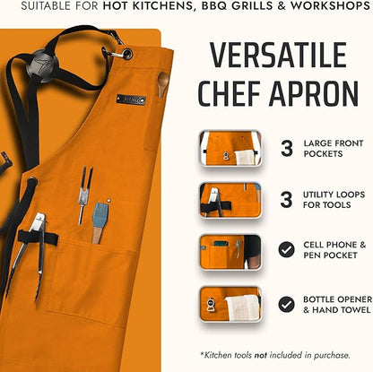Asaya Chef and BBQ Apron with Bottle Opener and Hand Towel - 10oz Cotton Canvas, Stainless Steel Hardware - Cross Back Straps - Image 2