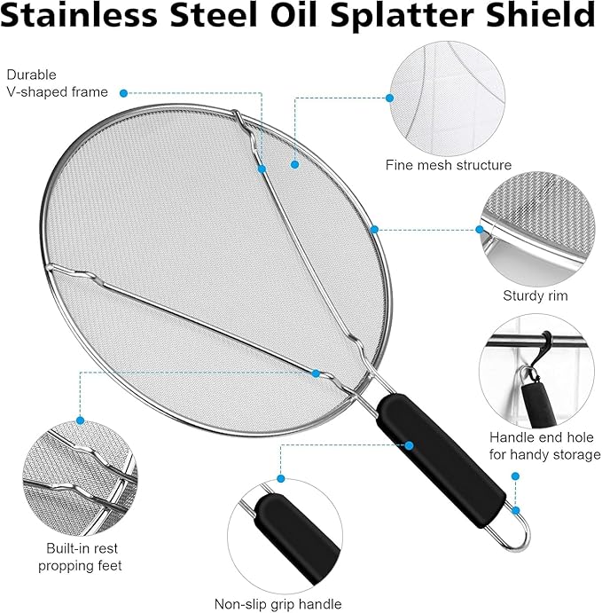 Splatter Screen for Cooking - Stainless Steel Grease Splatter Guard for Frying Pan, Ultra Fine Mesh Lids Set of 3(9.8", 11.4", 13") - Image 4