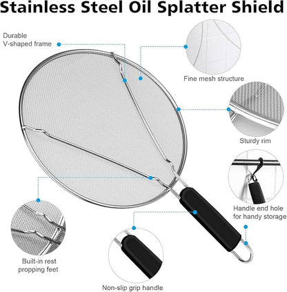 Splatter Screen for Cooking - Stainless Steel Grease Splatter Guard for Frying Pan, Ultra Fine Mesh Lids Set of 3(9.8", 11.4", 13") - Image 4