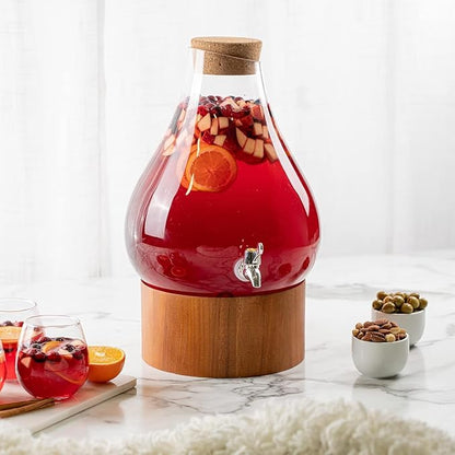 Classic Home Teardrop Clear Glass Ice Cold Beverage Drink Dispenser- 2.75 Gallon, With Cork Lid & Modern Wood Base Leak Proof Spigot- Wide Mouth Easy Filling For Outdoor, Parties & Daily Use by MosJos