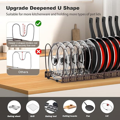 Housolution Pot and Pan Organizer Rack for Cabinet, Expandable Pot Lid Organizer with 15 Adjustable Dividers, Pan Holder Storage Rack for Kitchen Cabinet, Bronze - Image 2