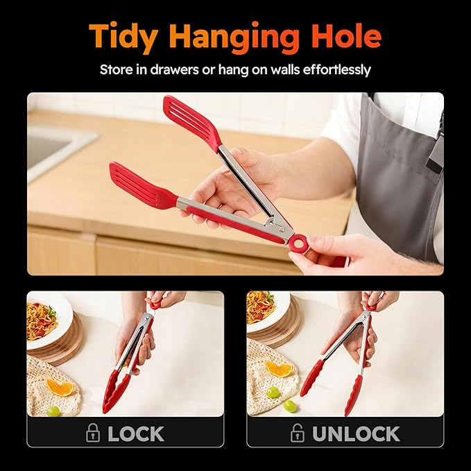 HST 3 Pack Kitchen Tongs, Non Stick Stainless Steel 9 Inch Tongs With Silicone Tip for Cooking BBQ Baking(Red) - Image 5