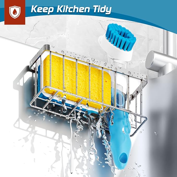 MURLONG Sponge Holder for Kitchen Sink,Sink Caddy Organizer with Suction Cups/Adhesive Strips,Dish Sponge Holder Design for Sponges,Scrubber,Stoppers-Silver - Image 4