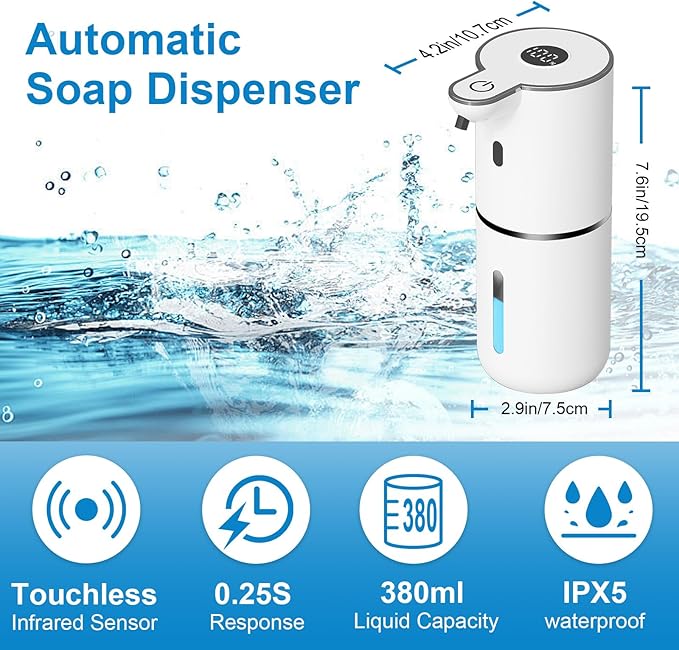 OHIFAST Automatic Liquid Soap Dispenser Touchless, USB Rechargeable Smart Hand Soap Dispenser, 6-Level Adjustable, 12.8oz/380mL Wall Mounted for Bathroom Kitchen Accessories Dish Soap-White - Image 2