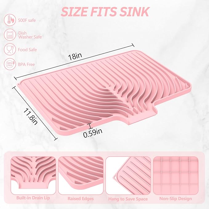 Dish Drying Mat for Kitchen Counter, with Built-in Drain Lip, Food-Grade Silicone, Easy Clean Pad for Countertop Protection, Multi-Functional Use (18x11.8, Pink) - Image 2