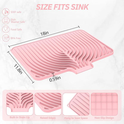 Dish Drying Mat for Kitchen Counter, with Built-in Drain Lip, Food-Grade Silicone, Easy Clean Pad for Countertop Protection, Multi-Functional Use (18x11.8, Pink) - Image 2