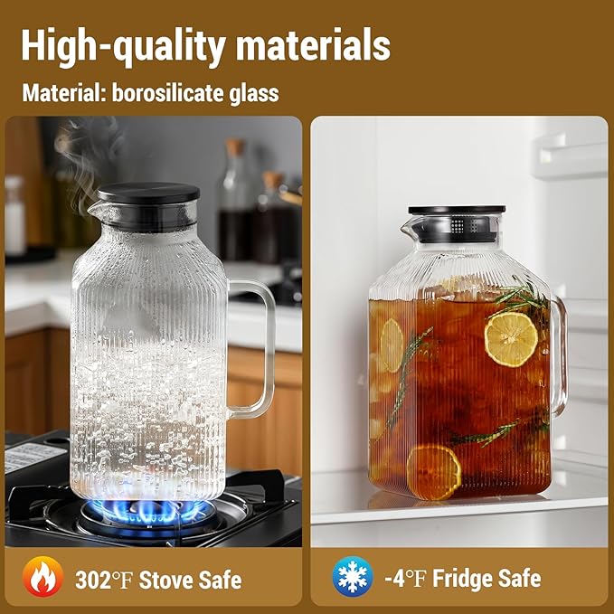 1 Gallon Square Glass Pitcher with Lid, Classic Stripes Water Pitchers for Fridge, Borosilicate Glass Carafe for Hot/Cold Brew Drink, Extra Large Jug with Handle for Iced Tea, Coffee, Juice, Black - Image 4
