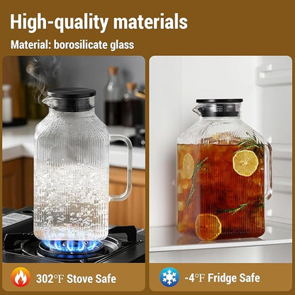 1 Gallon Square Glass Pitcher with Lid, Classic Stripes Water Pitchers for Fridge, Borosilicate Glass Carafe for Hot/Cold Brew Drink, Extra Large Jug with Handle for Iced Tea, Coffee, Juice, Black - Image 4