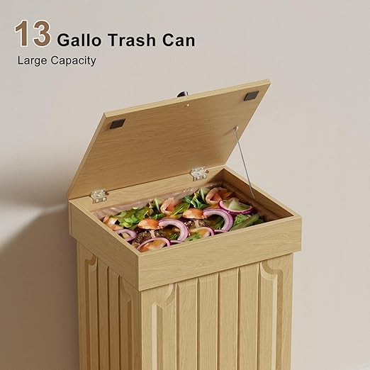 Povrgive Wood Trash Can Cabinet, 13 Gallon Hidden Kitchen Garbage Can with Lid, Farmhouse Dog Proof Trash Can, Metal Ring Included, 16" L x 13" W x 26.5" H, Wood - Image 7