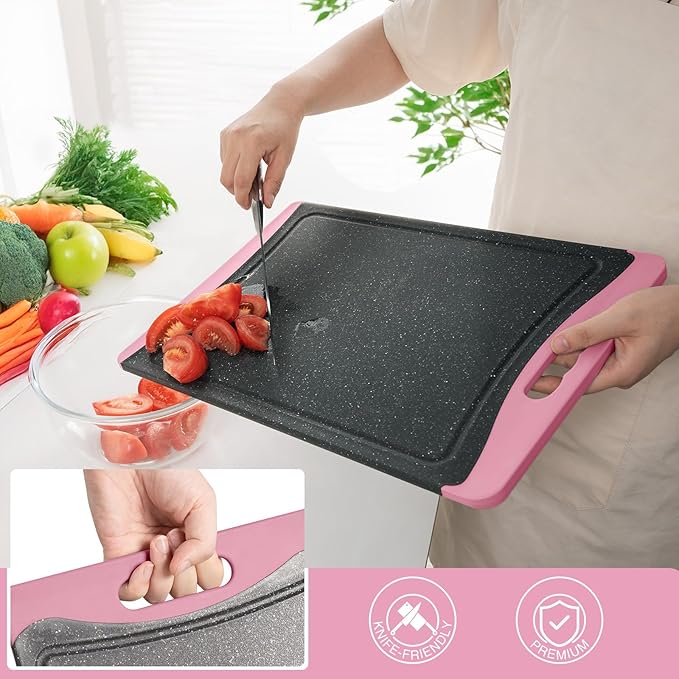 Extra Large Cutting Boards, Plastic Cutting Boards for Kitchen (Set of 3) Cutting Board Set Dishwasher Chopping Board with Juice Grooves Easy-Grip Handles, Pink, Empune - Image 3