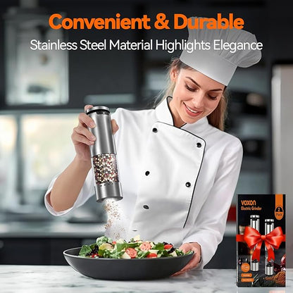 VOXON Update Electric Salt and Pepper Grinder Set Rechargeable Stainless Steel, LED Light, 100ML Capacity, 5 Levels Adjustable Coarseness, Automatic Salt and Pepper Grinder Set One Handed Operation
