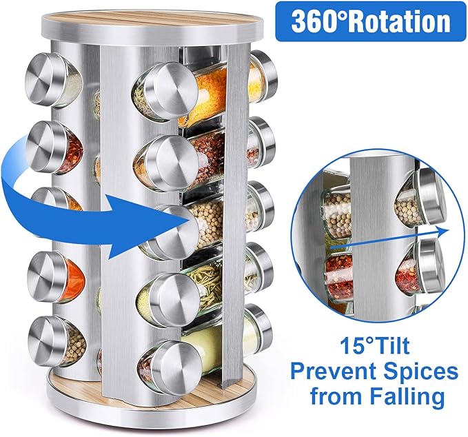 Spice Rack Organizer with Jars for Cabinet (20Pcs) Revolving/Rotating Seasoning Organizer, Stainless Steel/Wooden Countertop Rack Tower Organizer for Kitchen Pantry with Reusable Labels/Funnel/Brushes - Image 3