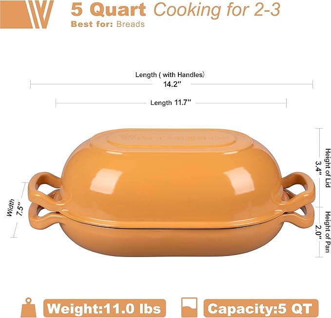 VORRINGARD Enameled Cast Iron Sourdough Bread Oven, Dutch Oven, Loaf Cast Iron Bread Pan for Homemade Bread Baking, Meatloaf Pan with Lid, 5QT, Yellow - Image 2
