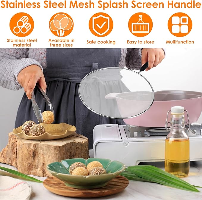 3 Pcs Splatter Guard with Handle Stainless Steel Mesh Splatter Screen Splash-Proof Oil Splatter Guard Temperature Resistant Splatter Screen Strainer Drain Board 9.8 in+11.4 in+13 in for Frying Cooking
