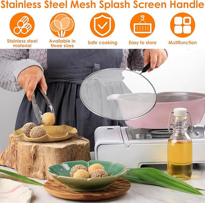 3 Pcs Splatter Guard with Handle Stainless Steel Mesh Splatter Screen Splash-Proof Oil Splatter Guard Temperature Resistant Splatter Screen Strainer Drain Board 9.8 in+11.4 in+13 in for Frying Cooking