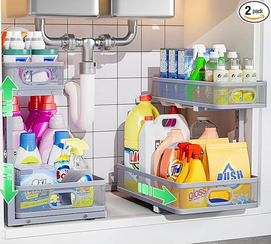 Under Sink Organizer 2 Pack, High Adjustable 2 Tier Under Sink Organizers and Storage, Slide out Metal Cabinet Organizers, Pull out Storage Drawer Shelf for Kitchen Bathroom Cabinet