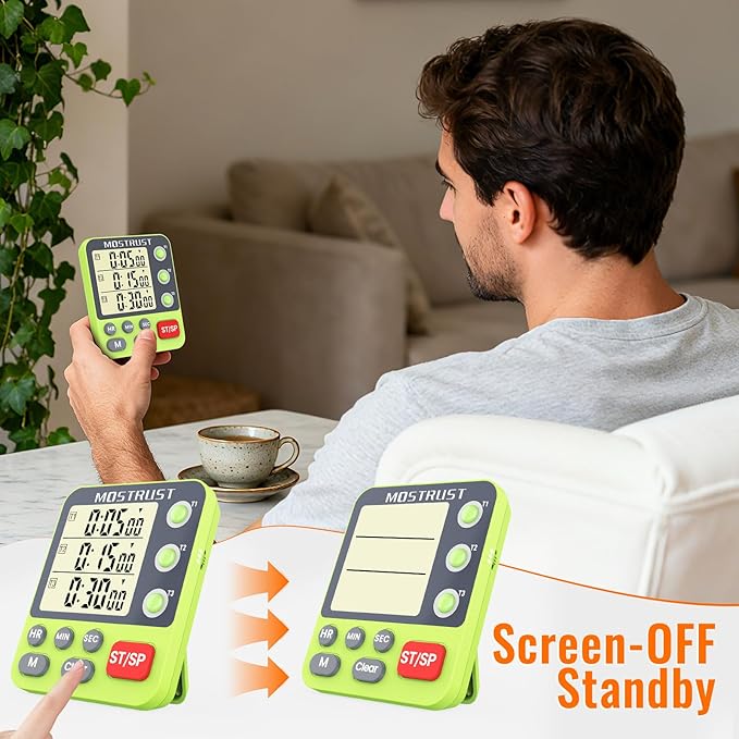 Digital Dual Kitchen Timer, 3 Channels Countdown Triple Timer for Cooking, Magnetic Memory-Preset Large-Display Adjustable Alarm Volume, Multi Times Management, 3A Battery Included, Green - Image 5