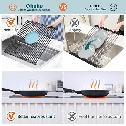 Ohuhu Over The Sink Dish Drainer Drying Rack, 17.6" W x 15.4" L Roll Up Dish Racks Kitchen Sink Organizer Silicone Wrapped Large in Sink Dish Drying Rack Foldable Rolling Drain Mats Anti-Slip - Image 4