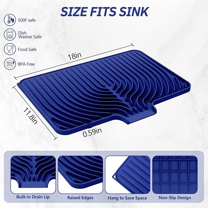 Dish Drying Mat for Kitchen Counter, with Built-in Drain Lip, Food-Grade Silicone, Easy Clean Pad for Countertop Protection, Multi-Functional Use (18x11.8, Midnight Blue) - Image 2