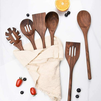 6 PCS Wooden Kitchen Utensils Set, Black Walnut Wood Long Handle Spoons and Spatula Set for Cooking, Heat Resistant Non-Stick Cookware