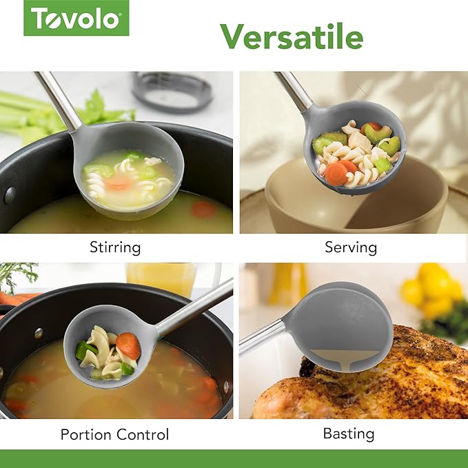 Tovolo Silicone Ladle With Stainless Steel Handle Deep Soup Ladle for Cooking Canning Serving Soup Punch Stew Sauce, Large Kitchen Utensil Spoon Dishwasher Safe BPA Free Silicone Oyster Gray - Image 4