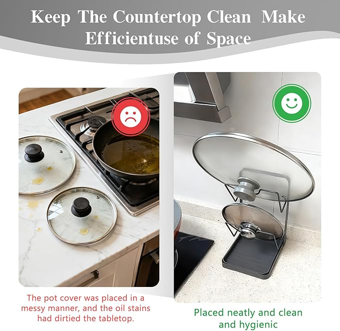 OJJ 2026 Upgraded 304 Stainless Steel Pot Lid Holder While Cooking, Kitchen Pot Lid Storage Rack for stove top, Multifunctional Kitchen Pot Lid Organizer for Countertop(Double Layer-Gray) - Image 6