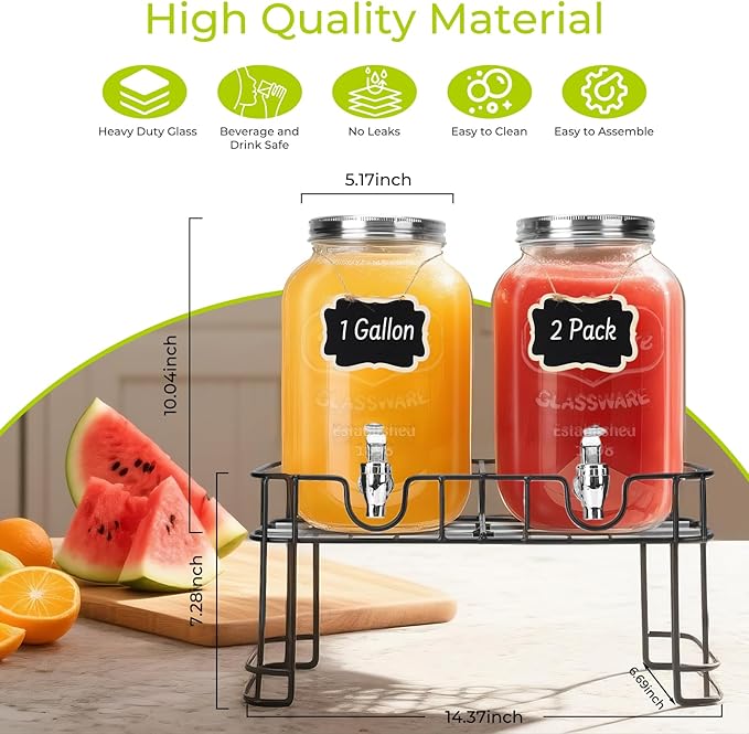 DHSBTLS 1 Gallon Glass Drink Dispensers, 2 Pack Clear Beverage Dispenser for Party, BBQ and Picnic, Juice Dispenser with Ice Core, Black Stand, Spigot, Markers and Chalkboard