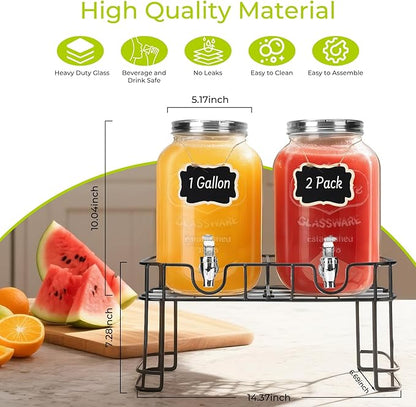 DHSBTLS 1 Gallon Glass Drink Dispensers, 2 Pack Clear Beverage Dispenser for Party, BBQ and Picnic, Juice Dispenser with Ice Core, Black Stand, Spigot, Markers and Chalkboard