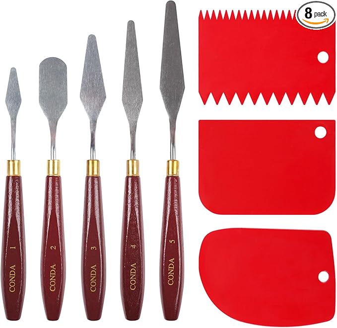 CONDA 5 Pcs Palette Knife Painting with 3 Plastic Scrapers, Stainless Steel Spatula Palette Knife Oil Paint Metal Knives Wood Handle by CONDA