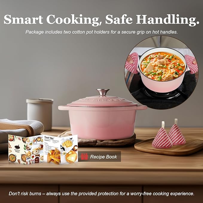 Overmont Enameled Cast Iron Dutch Oven - 4.5QT Pot with Lid Cookbook & Cotton Potholders - Heavy-Duty Cookware for Braising, Stews, Roasting, Sourdough Baking pink - Image 6