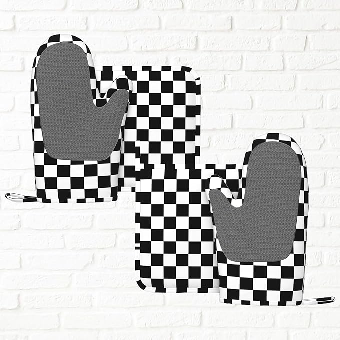 Black White Checkered Oven Mitts and Pot Holders Sets of 4, Heat Resistant Silicone Oven Mittens and Potholders Gloves Hot Pads for Kitchen Cooking Baking Grilling BBQ Chef - Image 6