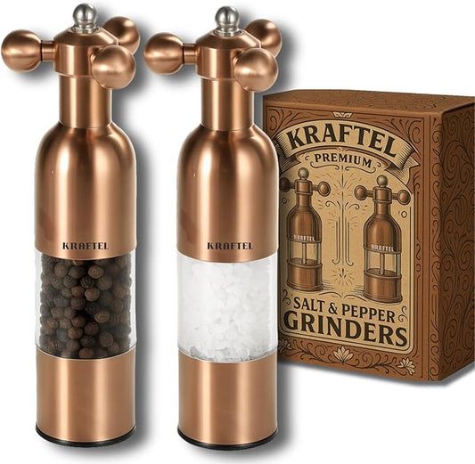 Premium 8" Salt and Pepper Grinder 2PK. Large Peppermill - Refillable, Adjustable Coarse, Antique Stainless Steel Spice Shaker. Clear Acrylic aesthetic - Cute Copper Color Kitchen Gift for Mom