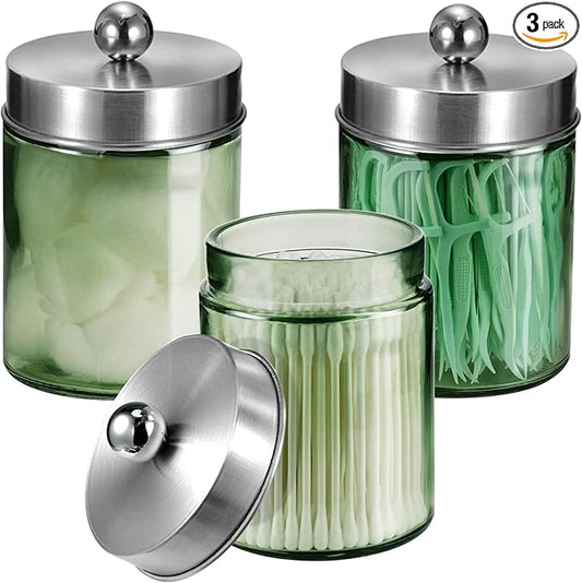 3 Pack Apothecary Jar Canisters Bathroom Vanity Organizer - Qtip Holder Storage Organizer Set Countertop Canister with Stainless Steel Lids &Cute Stickers for Qtips,Cotton Swabs,Makeup Sponges,Floss