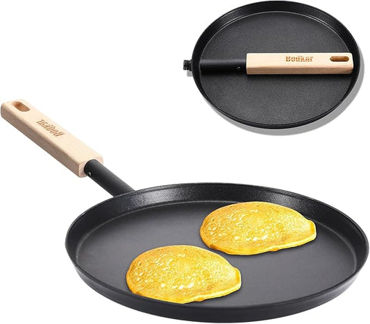 bodkar Frying Pan Skillet 8-inch Flat Griddle Pan, Lightweight Small Grill Pan with Wooden Handle for Camping Indoor Outdoor Cooking