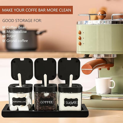 Suclain 3 Pcs Glass Coffee Containers Coffee Station Organizer Set, Airtight Bean Storage Jars with Shelf,labels,spoon, Base and Pen,for Sugar, Candy, Oats, Nuts(Black) - Image 4