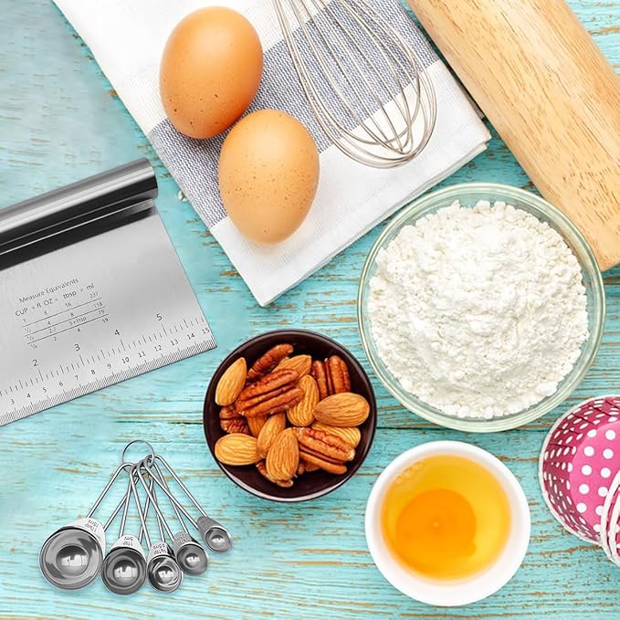 Silver Flour Sifter Baking Tool Set, DLAND Stainless Steel 4-Piece Kit with 10" Whisk, Dough Scraper & 5 Measuring Spoons, Mirror Polished, Easy to Clean, for Cake Bread Cookie Prep