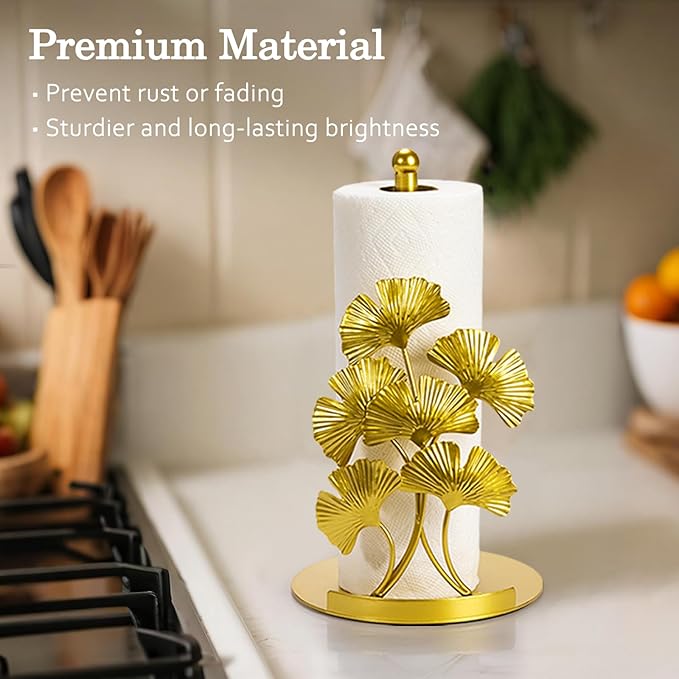 Vintage Gold Ginkgo Paper Towel Holder Countertop - Gold Kitchen Decor and Accessories, Luxury Housewarming Gifts for Women, 3D Ornate Leaf Textured, Retro Design Home Decor, Weighted Base & Felt Pad - Image 5