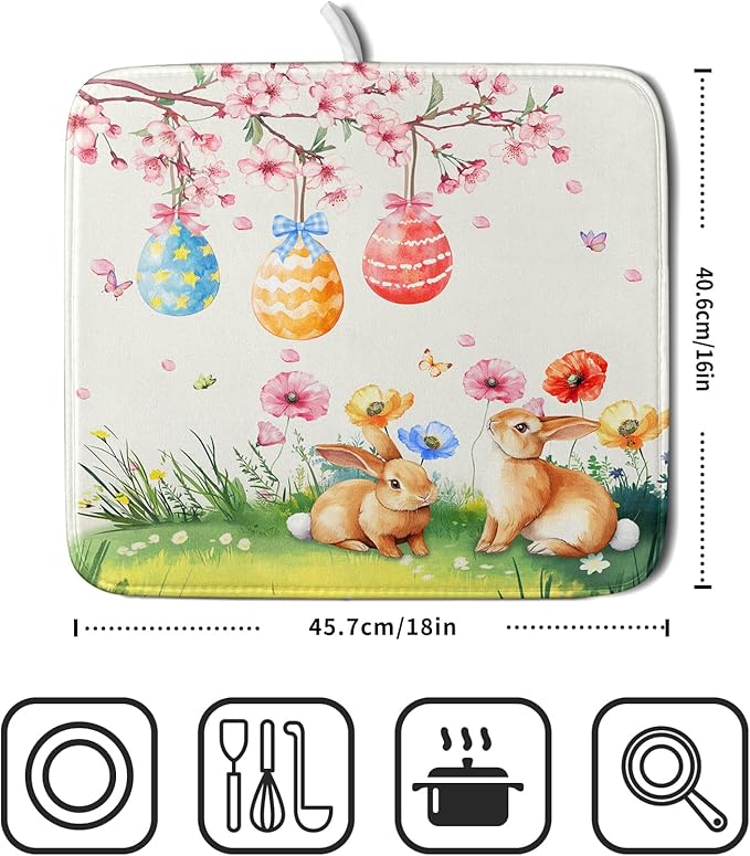 Giwawa Easter Bunny Dish Drying Mat, Spring Rabbits Eggs Hunt Dish Drainer Mats for Kitchen Countertop, Watercolor Floral Absorbent Reversible Dish Drying Pad Decor, 16x18inches, Small