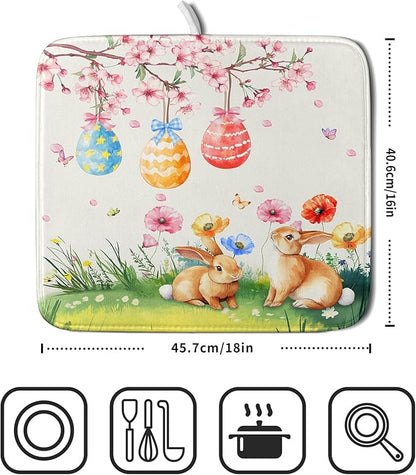 Giwawa Easter Bunny Dish Drying Mat, Spring Rabbits Eggs Hunt Dish Drainer Mats for Kitchen Countertop, Watercolor Floral Absorbent Reversible Dish Drying Pad Decor, 16x18inches, Small