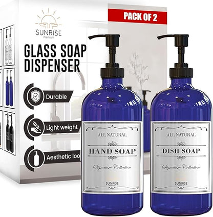 Sunrise Premium 16 OZ Cobalt Blue Glass Soap Dispenser with Pump 2 Pack, Hand and Dish Soap Dispenser Set for Bathroom and Kitchen Sink with 6 Waterproof Labels by SunrisePremium