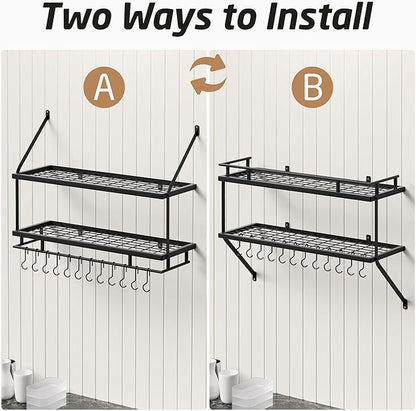 KES 30-Inch Kitchen Pot Rack - Mounted Hanging Rack for Kitchen Storage and Organization - Matte Black 2-Tier Wall Shelf with Guard Rail for Pots and Pans Organizer with 12 Hooks - KUR215S75B-BK - Image 8
