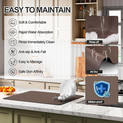 Ecotrim - Dish Drying Mat for Kitchen Counter | Coffee Bar Mat for Countertops | Heat Resistant Drainer Mat with Non-slip Rubber Backed | Hide Stain Kitchen Absorbent Draining Mat | Brown 18"x28" - Image 3